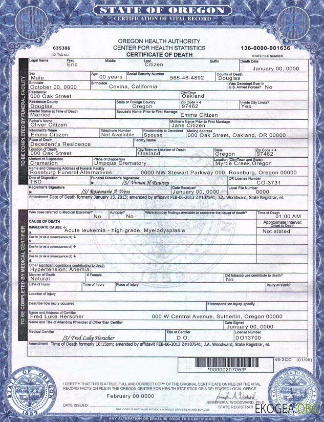 Certificat de décès aux États Unis, dans l'Oregon